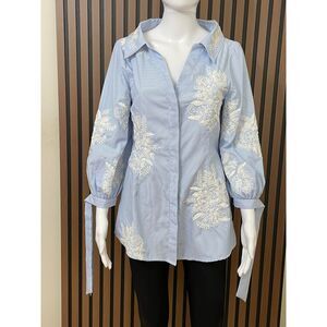 Alice + Olivia Toro Women's M Blue Button-Up Polyester Blend Shirt Pinstripe